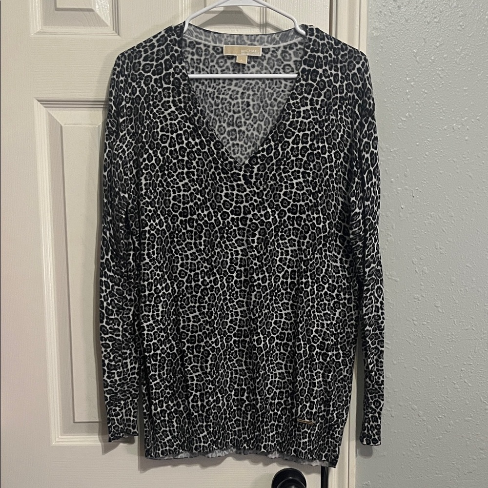 Michael Kors Black and Gray Leopard Print Long Sleeve Top